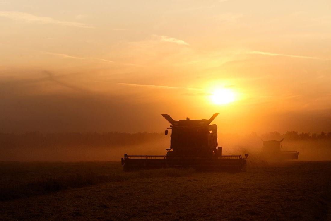Kombajn zbożowy na polu pod zachodzącym słońcem